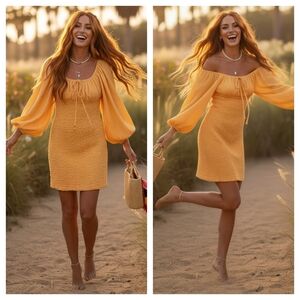 Free People Ode to the Sunset Boho Mini Dress Off Shoulder Marigold Yellow Small